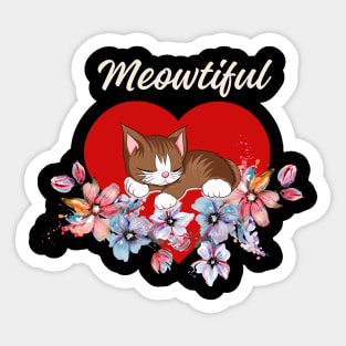 Meowtiful Cat sleeping softly on a red heart surrounded by flowers! Sticker